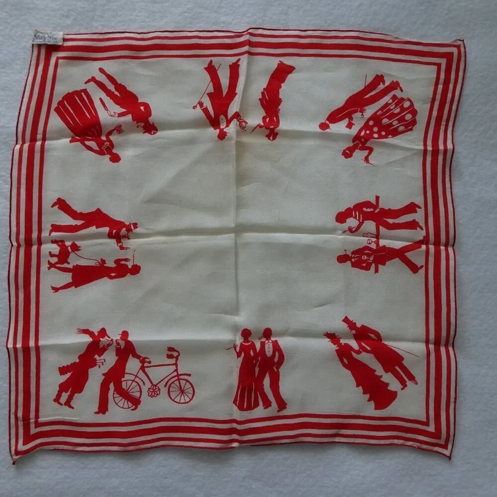 Vintage Silk Sally Gee Scarf 16 x 16 White Red Man & Woman Art Deco Theme